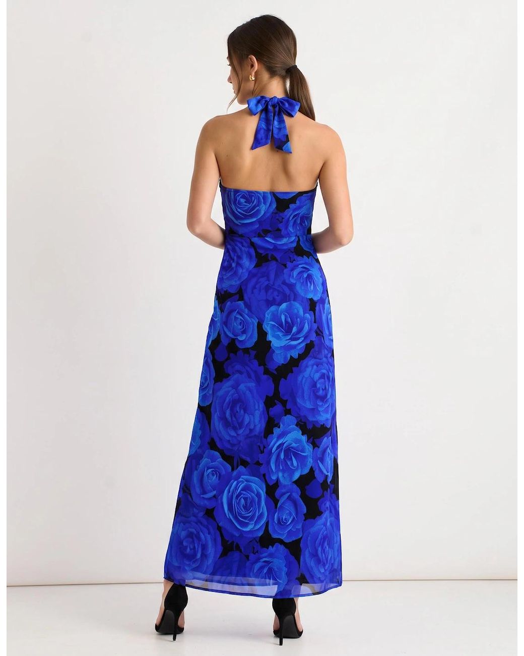 Gini London Blue Floral Occasion Halter Maxi Dress