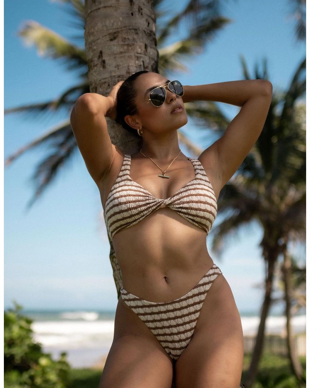 Gini London Green Tan Textured Twisted Stripe Bikini Top