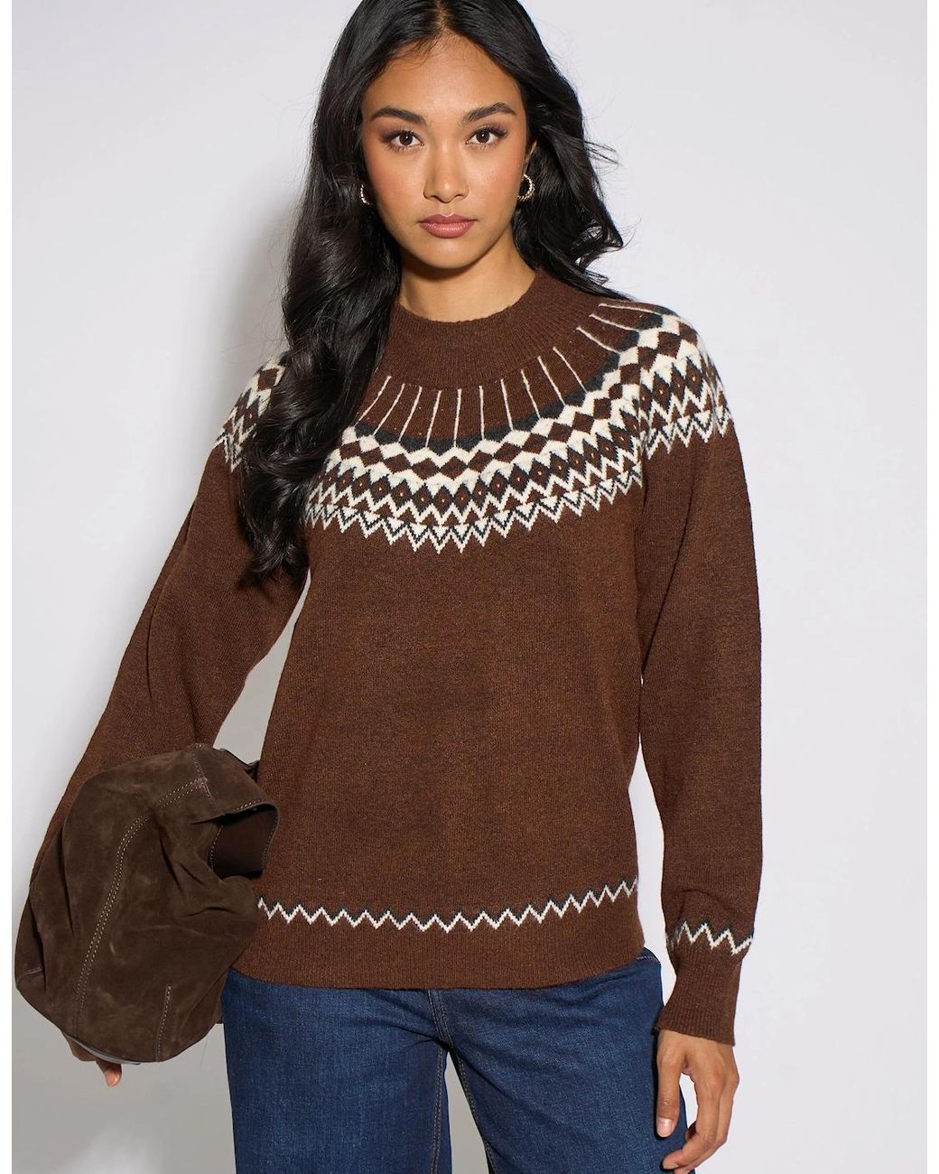 Gini London Brown Fair Isle Knit Jumper