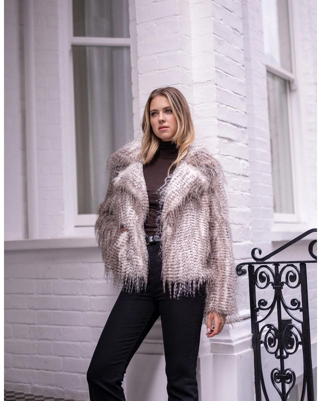 Gini London Pink Snow Leopard Faux Fur Short Jacket