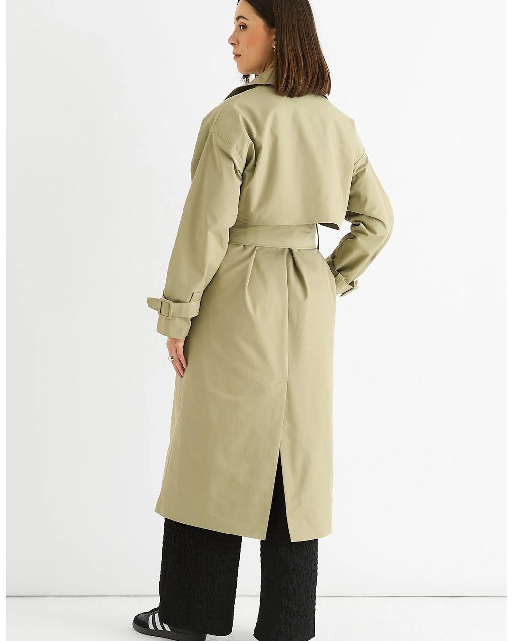 Gini London Natural Sage Double Breast Longline Belted Trench Coat