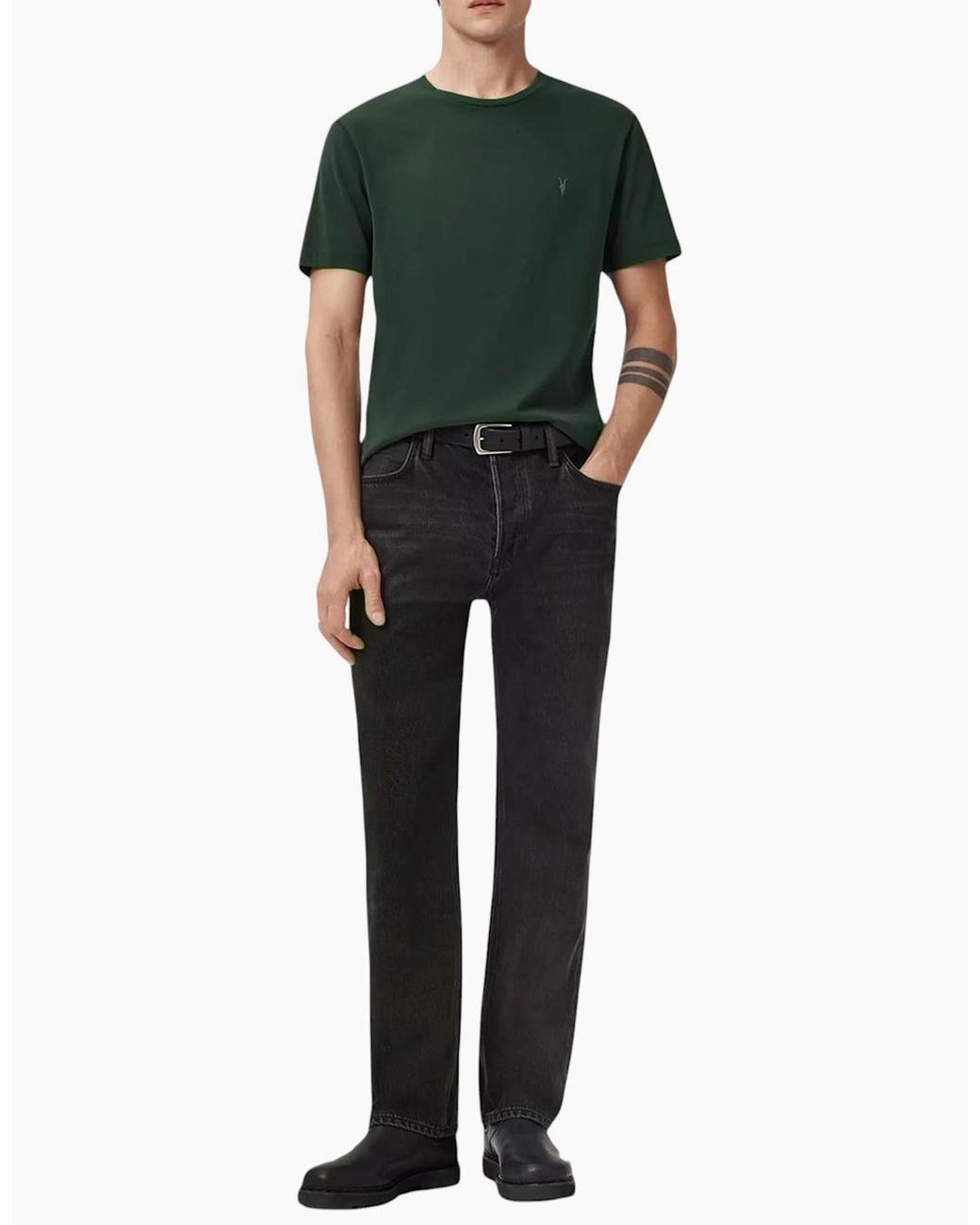 AllSaints Green T Shirts Lycra Stretch Cotton Crew Neck Short Sleeve Summer Tee for men