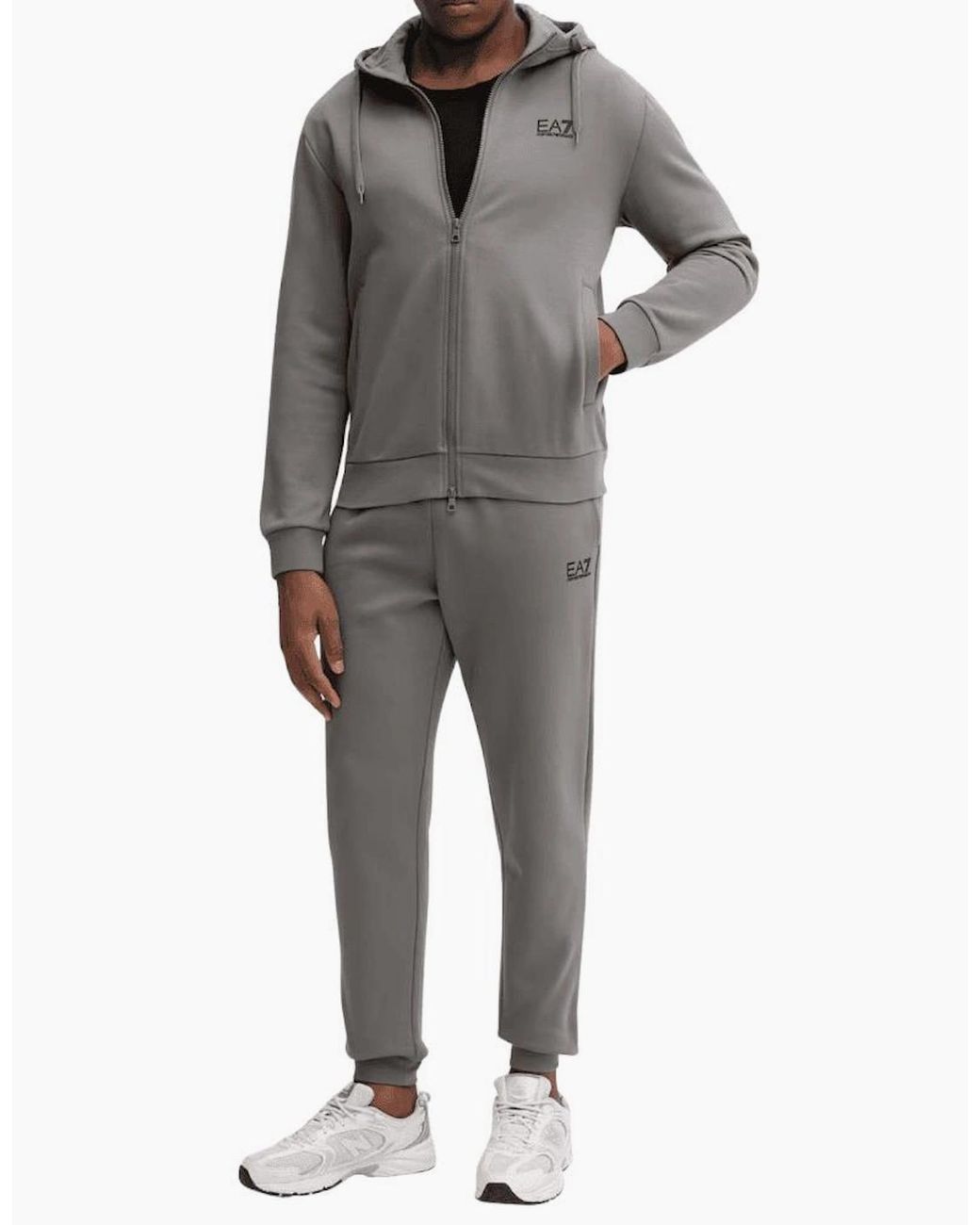 EA7 Gray Core Id Zip Hooded Cotton Tracksuit for men