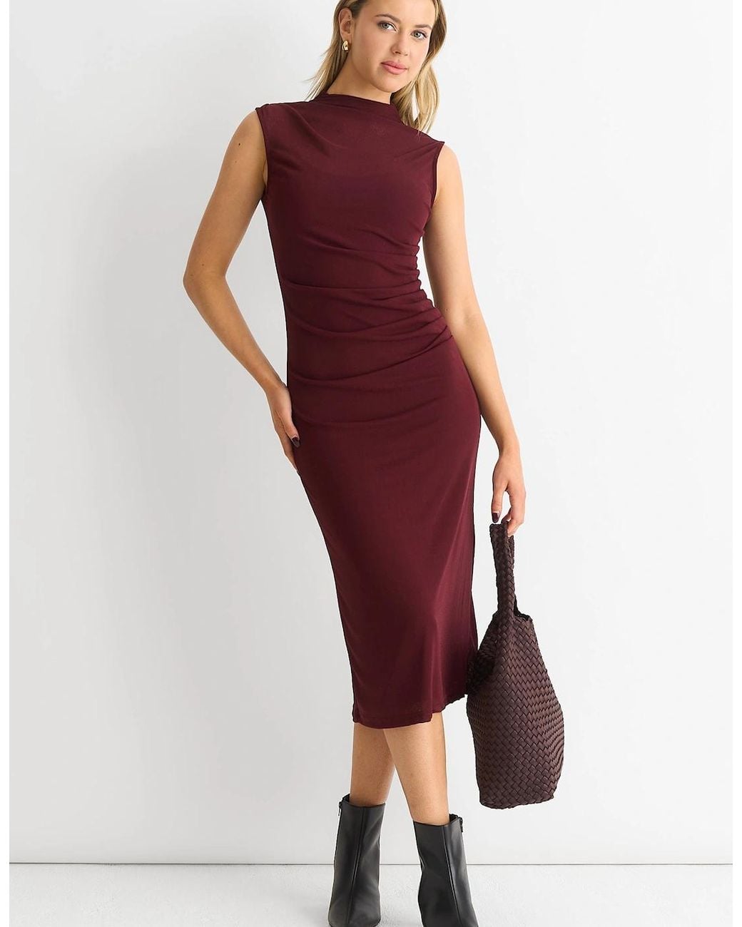 Gini London Red Plain Ruched Jersey Midi Dress