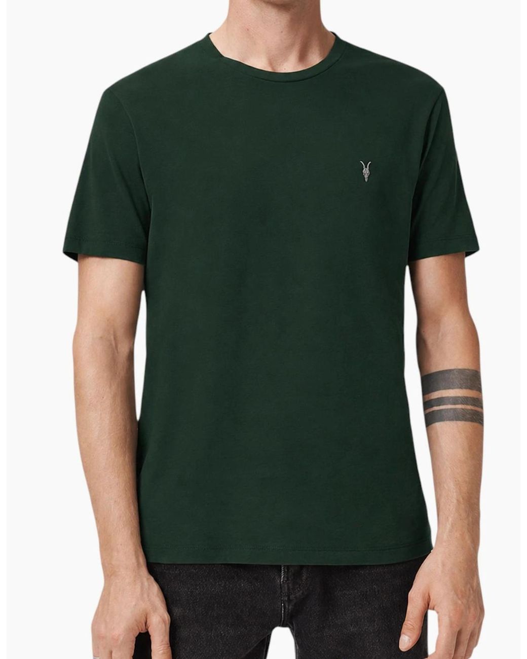 AllSaints Green T Shirts Lycra Stretch Cotton Crew Neck Short Sleeve Summer Tee for men