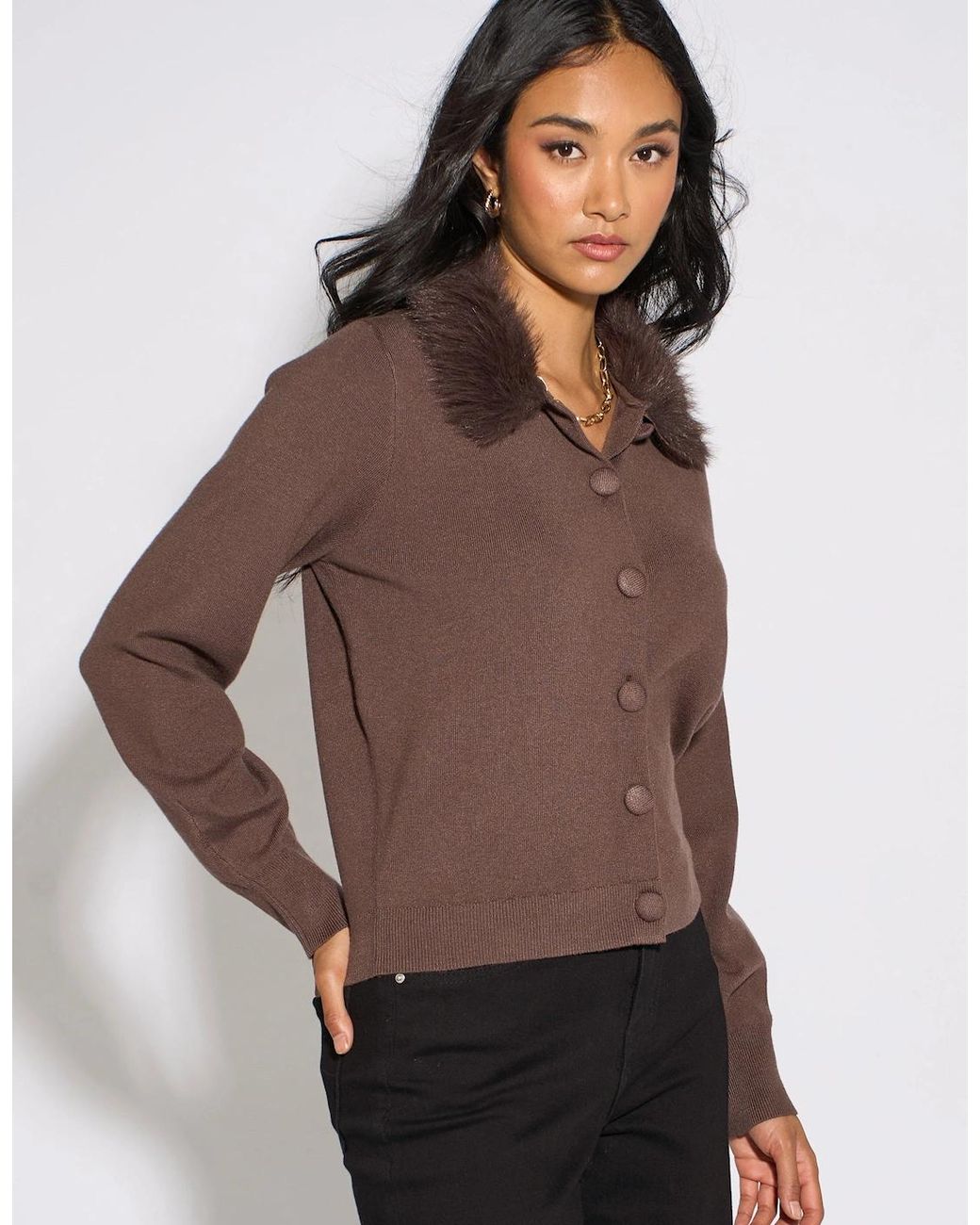 Gini London Brown Fur Trim Cardigan