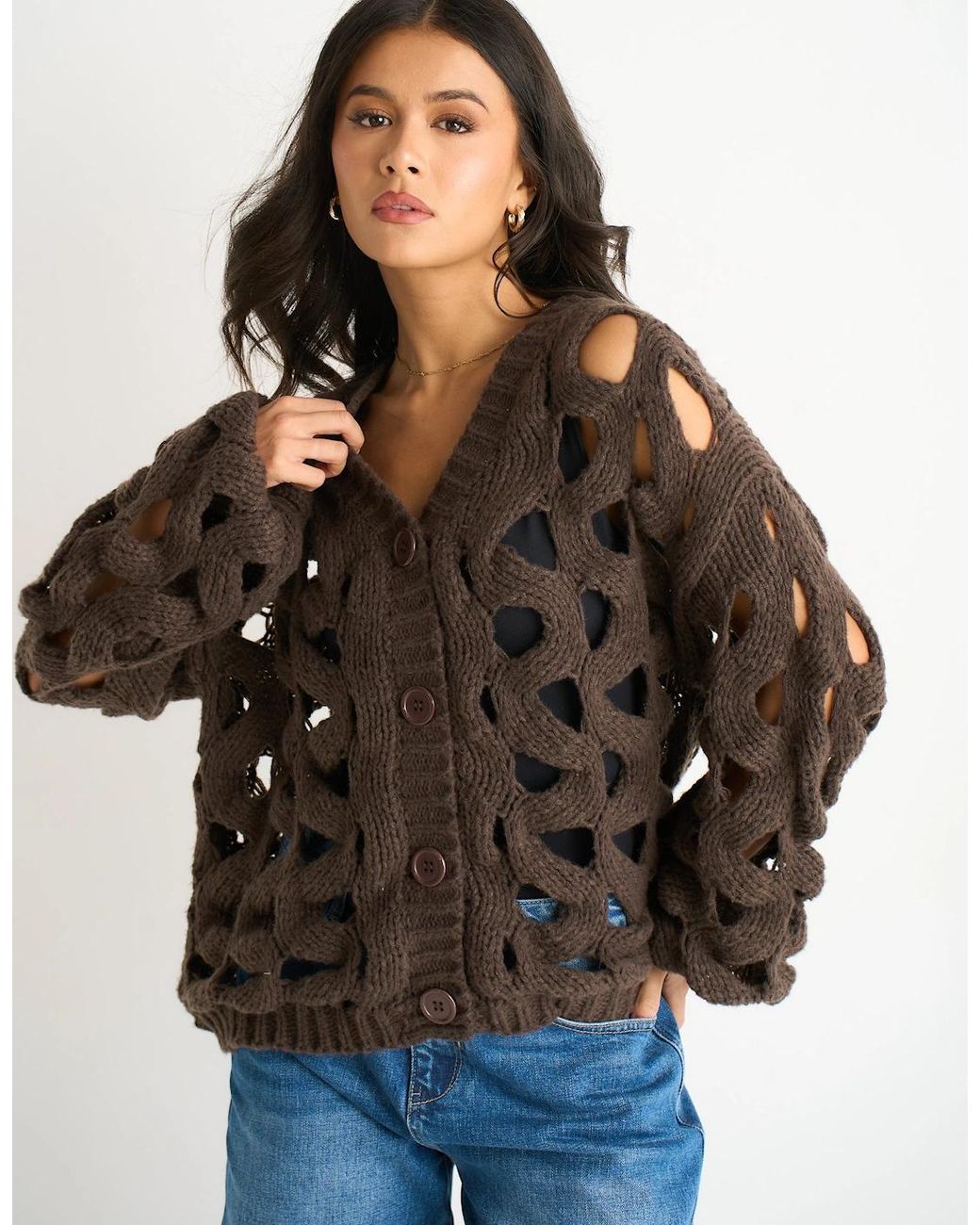 Gini London Brown Chocolate Hollow Chunky Knit Cardigan