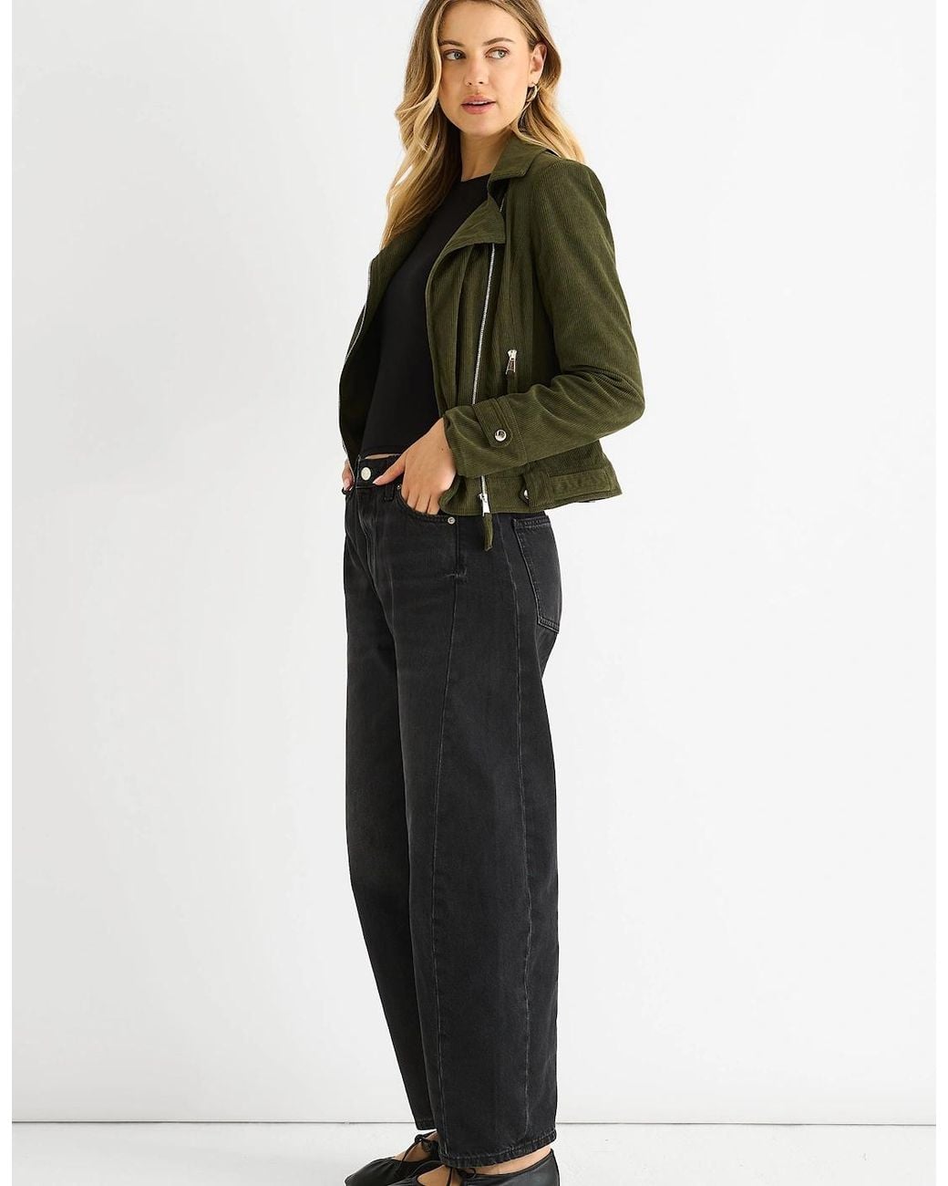 Gini London Black Khaki Corduroy Biker Zip Up Jacket