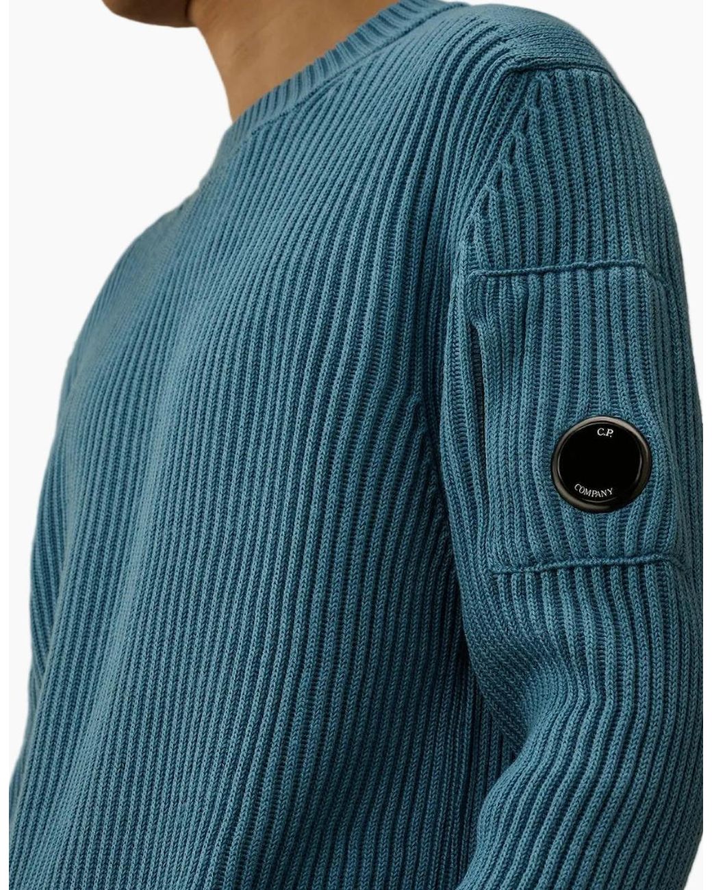 C P Company Blue Re-Wool Full Rib Crewneck Lens Knit for men