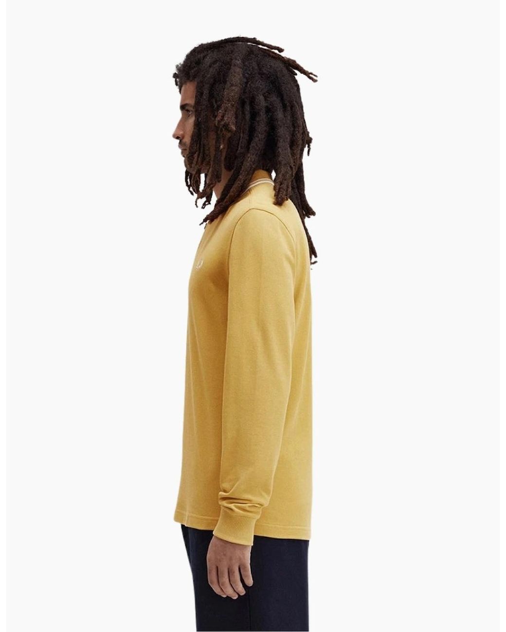 Fred Perry Yellow Twin Tipped Collar Honeycomb Long Sleeve Polo Shirt for men