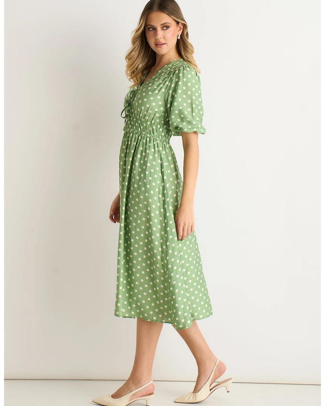 Gini London Green Sage Spot Print Shirred Waist Shift Midi Dress