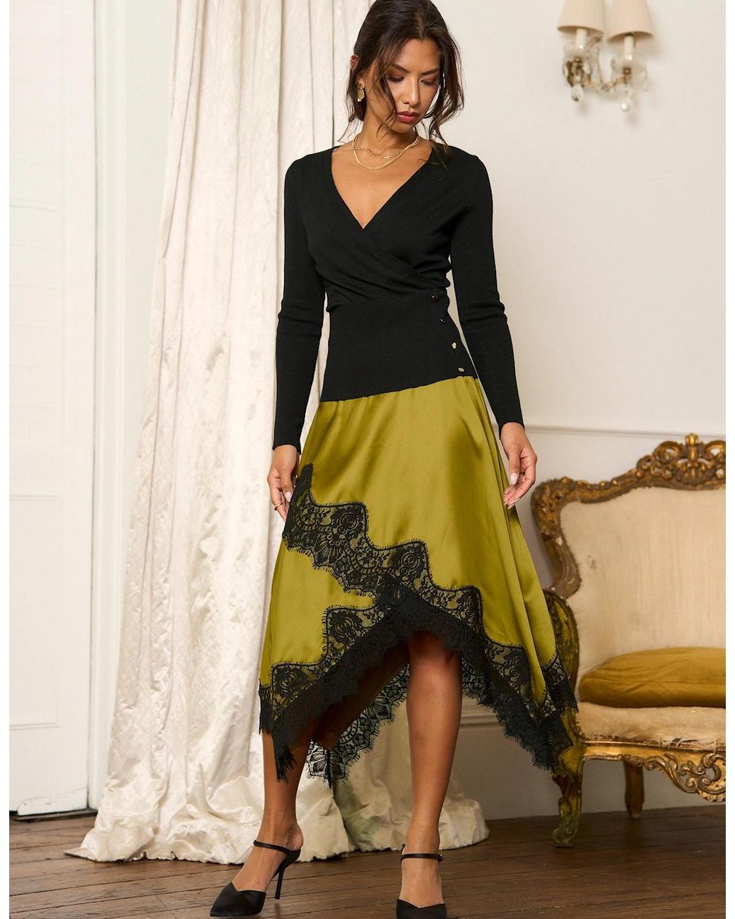 Gini London Natural Khaki Satin Asymmetric Hem Contrast Lace Skirt