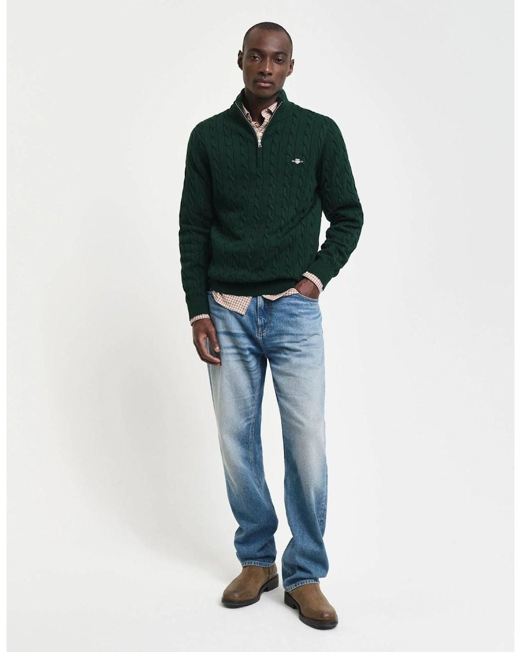 Gant Green Cotton Cable Half Zip Jumper for men