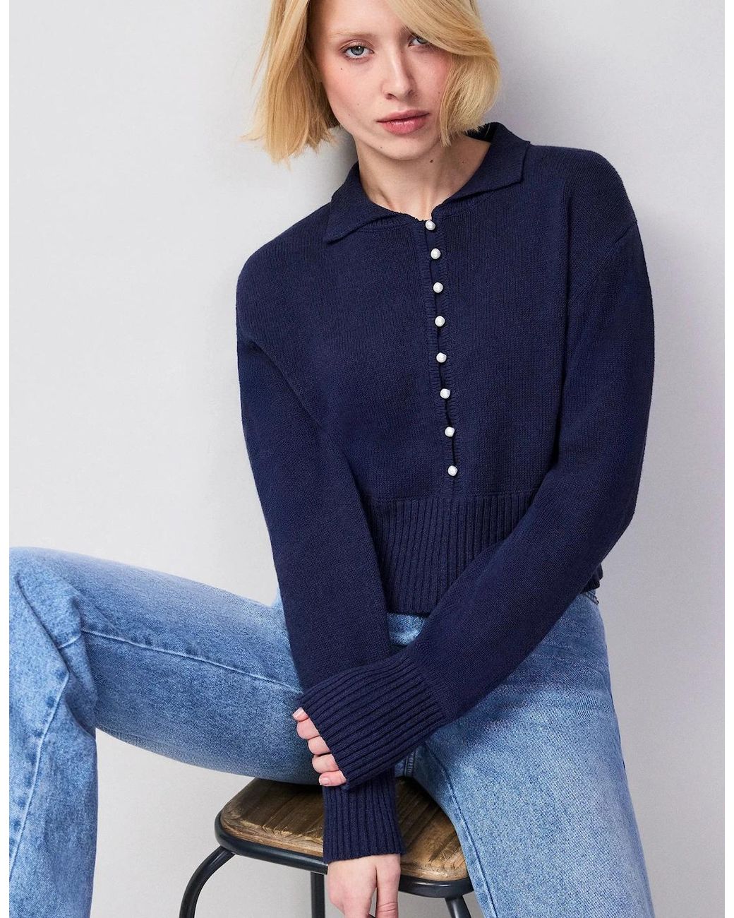 Ro&zo Blue Pearl-Button Cotton And Linen-Blend Jumper