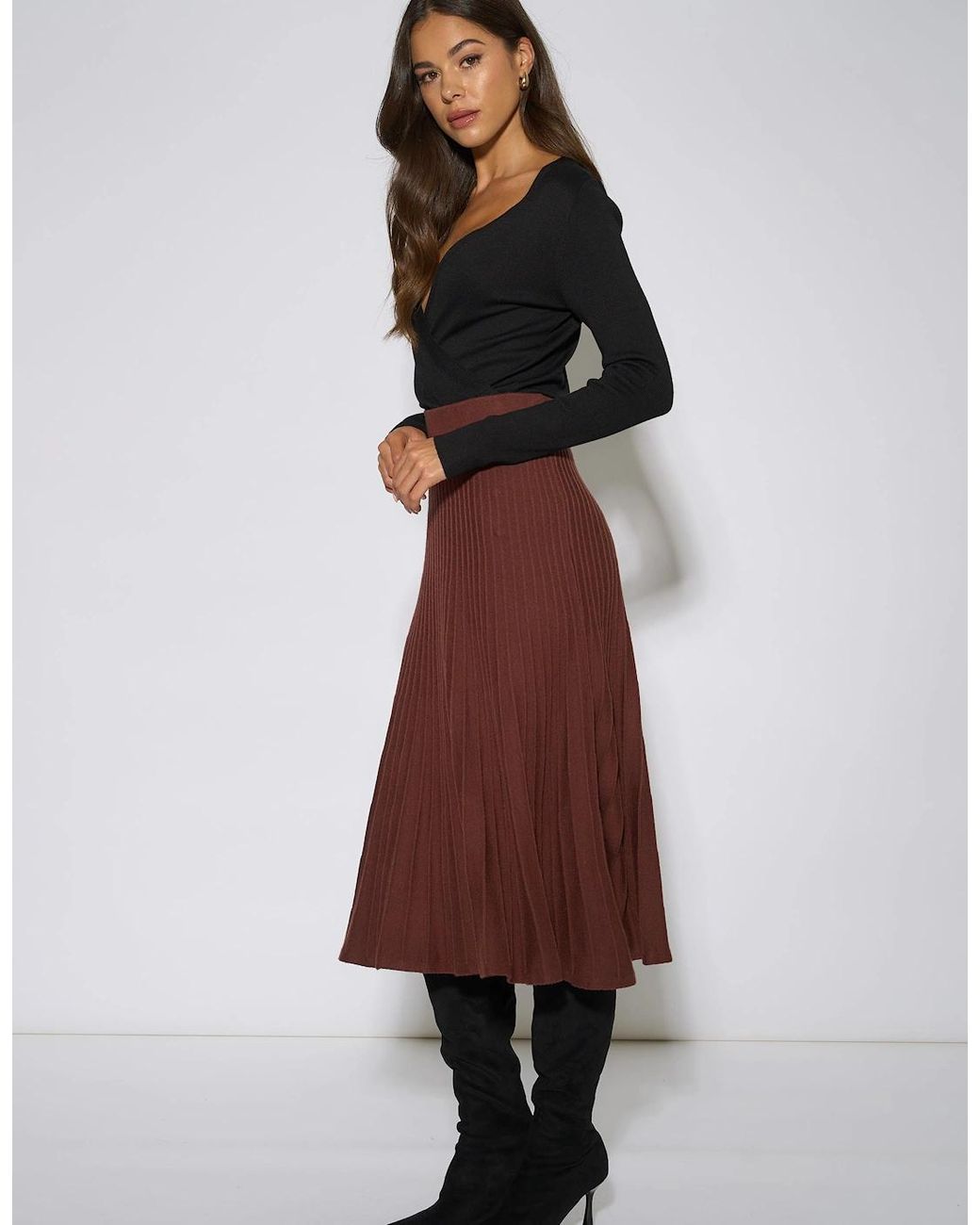 Gini London Brown Pleat Detail Knitted Flared Midi Skirt