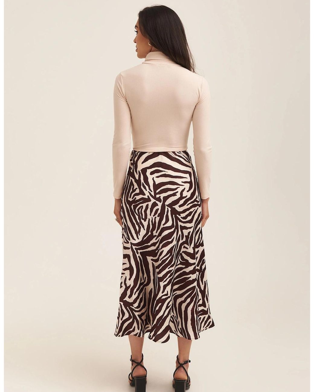 Gini London Natural Chocolate Animal Print Satin Bias Cut Midi Skirt