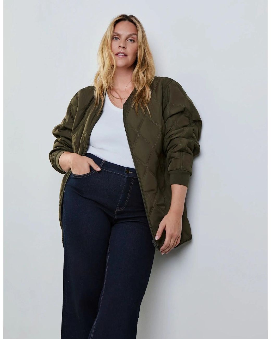 Live Unlimited London Green Khaki Quilted Bomber Jacket