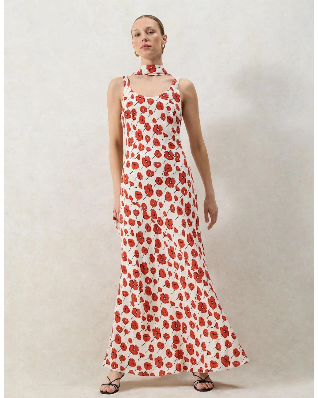 Ro&zo Red Ella Poppy-Print Scarf Detail Maxi Dress