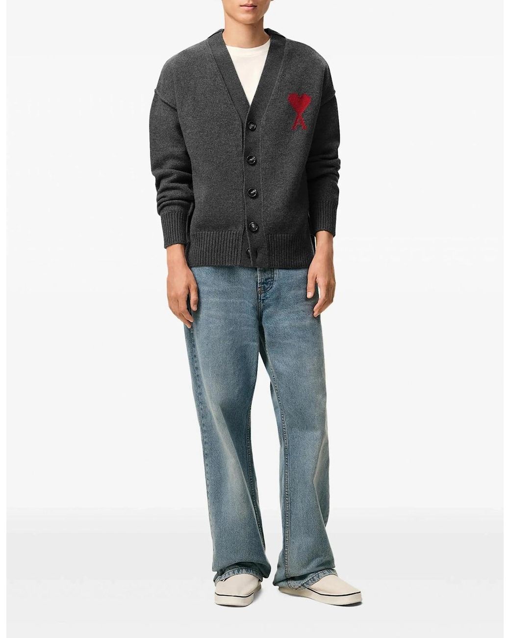 AMI Black Contrasted Ami De Coeur Cardigan for men