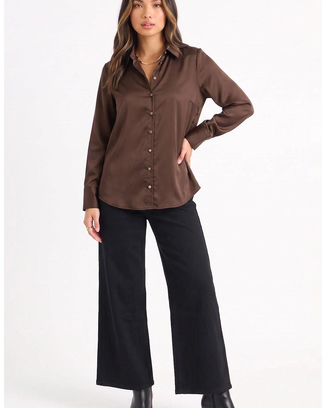 Gini London Brown Satin Loose Fit Button Through Shirt