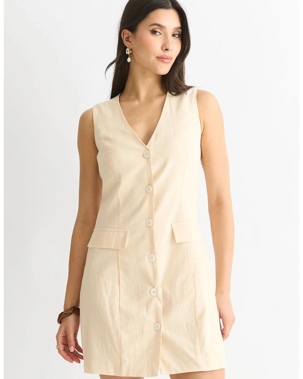 Gini London Brown Linen Button Through Mini Shirt Dress