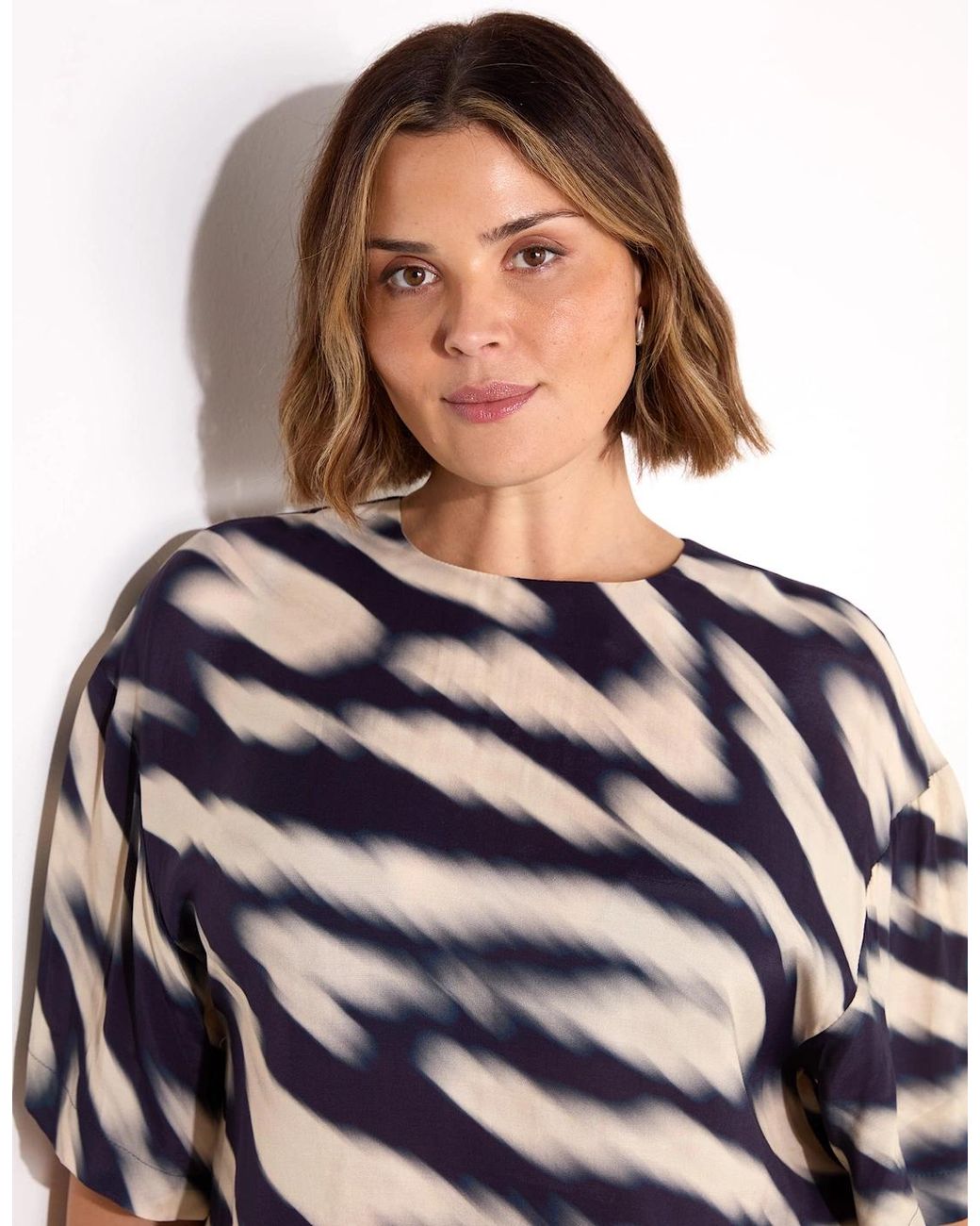 Live Unlimited London Blue Blurred Animal Print Elevated Woven Top
