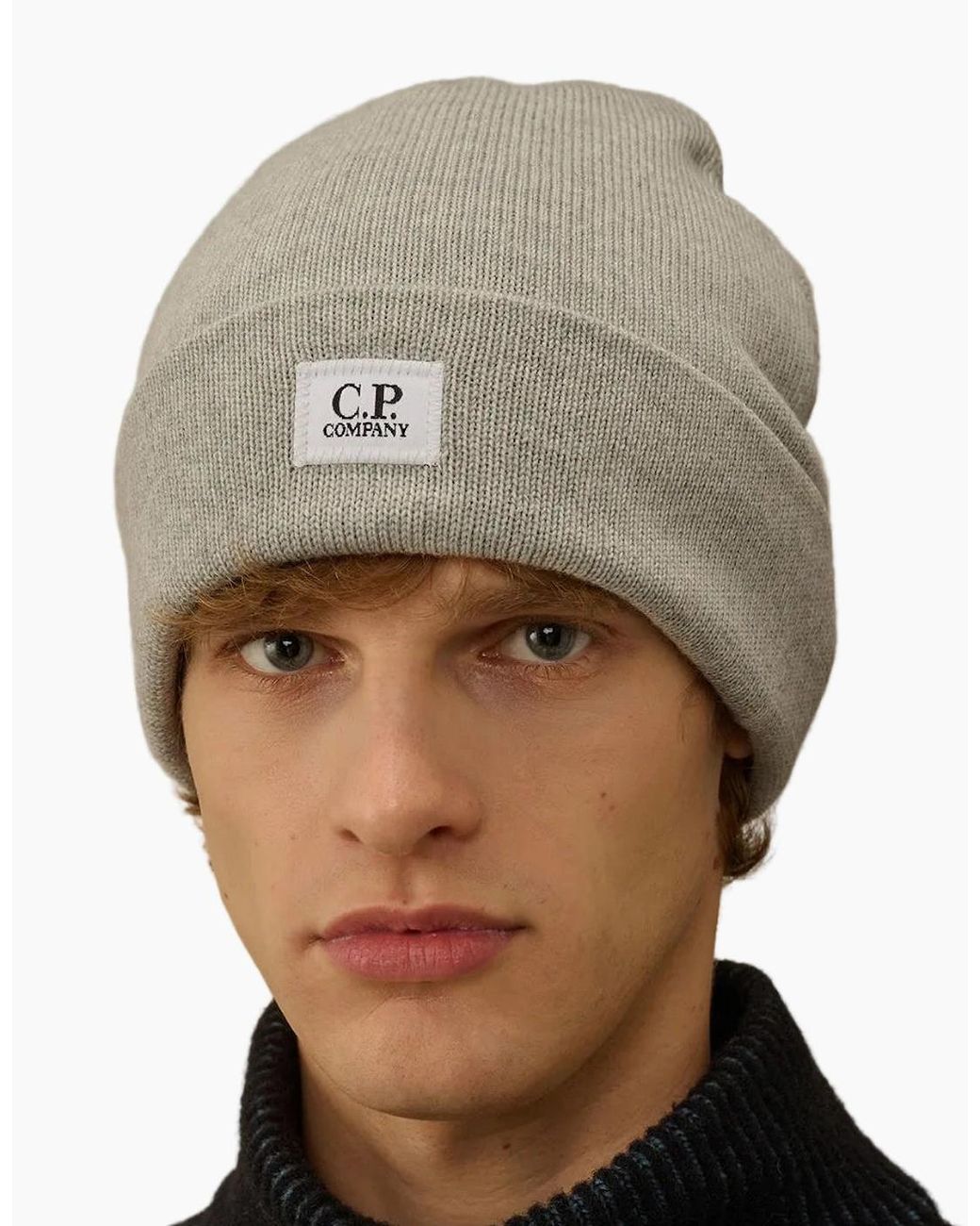 C P Company Gray Extrafine Merino Wool Logo Beanie for men