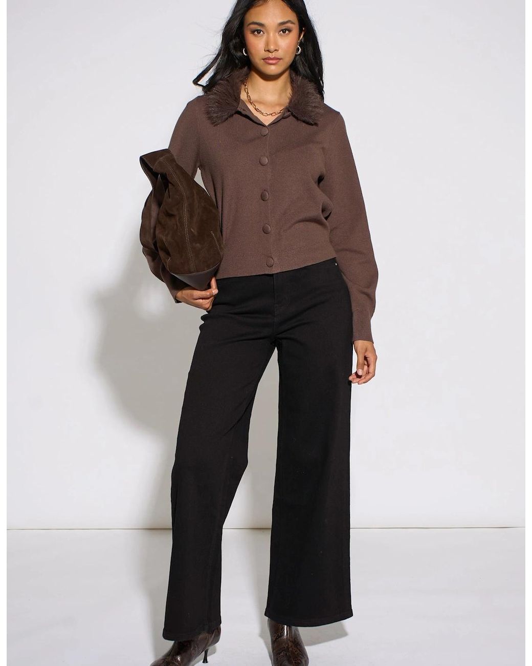 Gini London Brown Fur Trim Cardigan