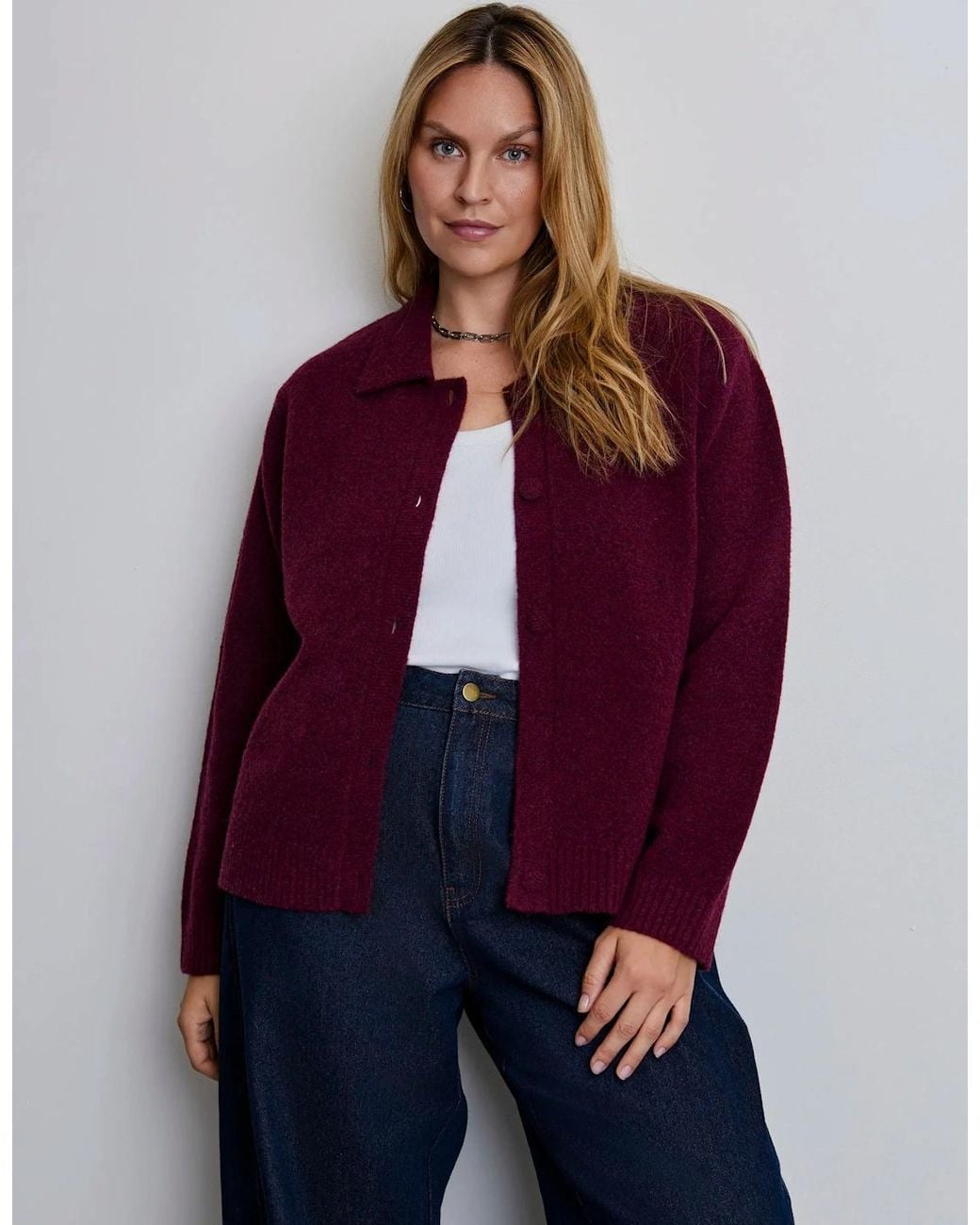 Live Unlimited London Red Burgundy Wool Blend Polo Collar Cardigan