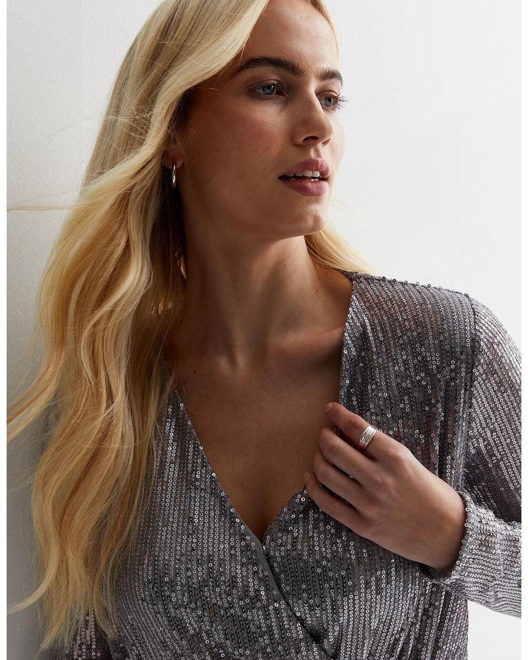 Gini London Gray Gun Metal Sequin Wrap Long Sleeves Bodysuit