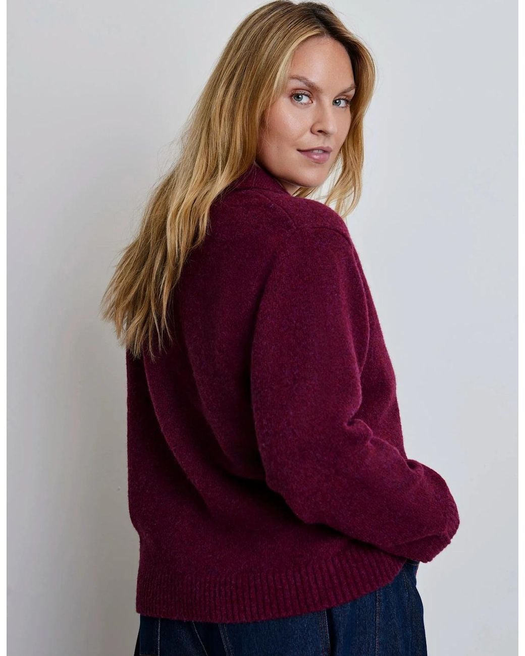 Live Unlimited London Red Burgundy Wool Blend Polo Collar Cardigan