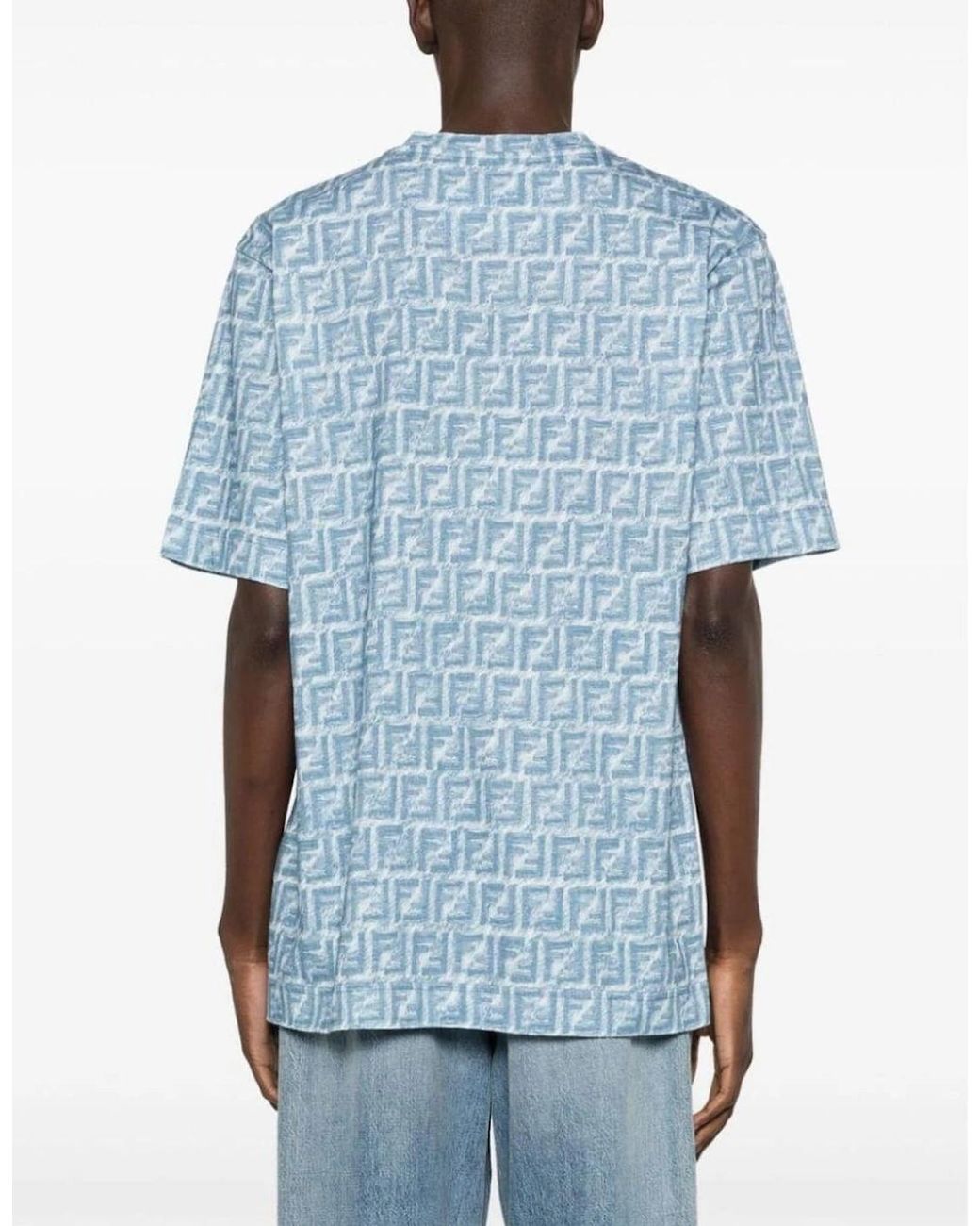 Fendi Blue Jeans Fringed Monogram Ff Print Oversized T-Shirt for men