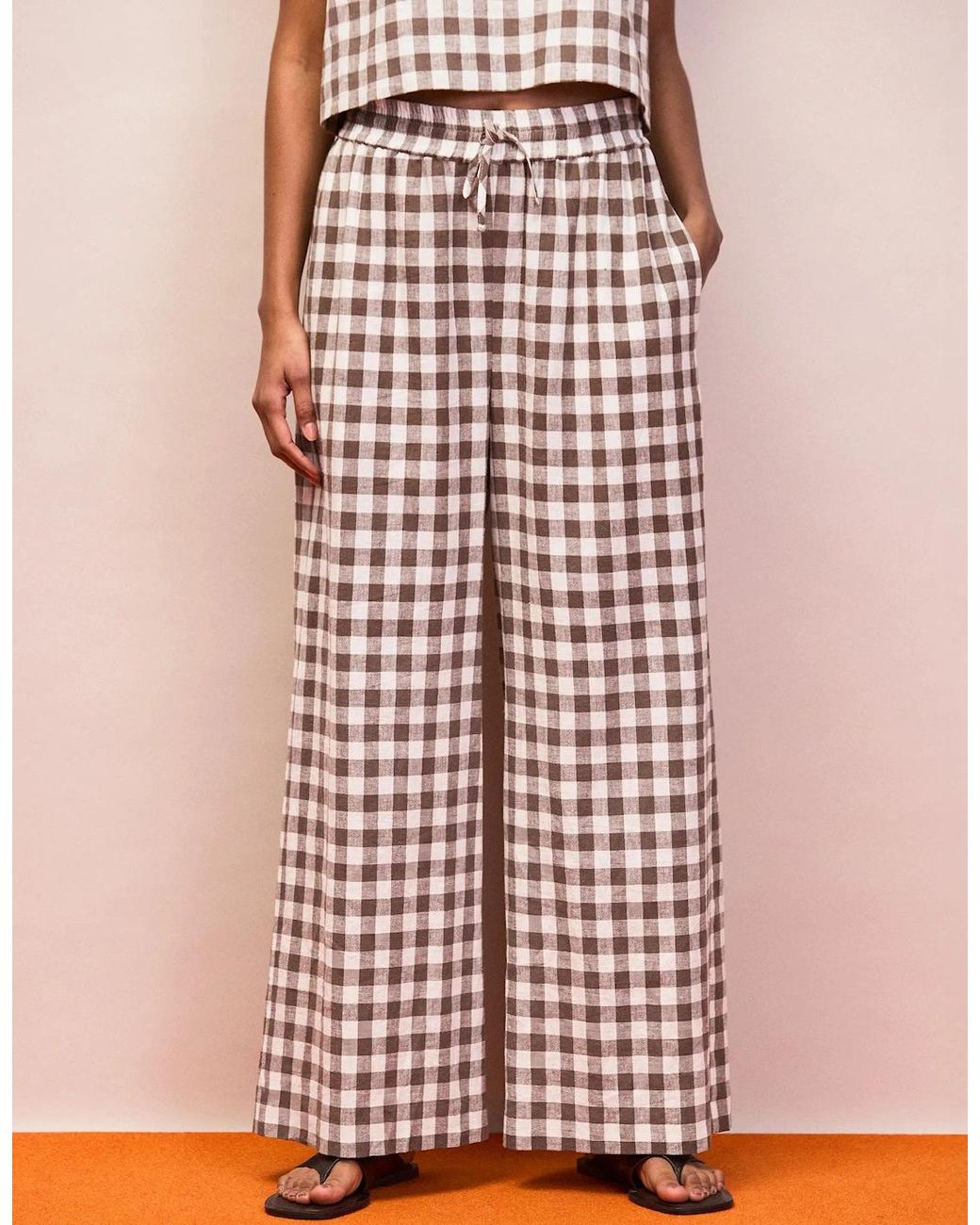 Ro&zo White Gingham Linen Blend Casual Trouser
