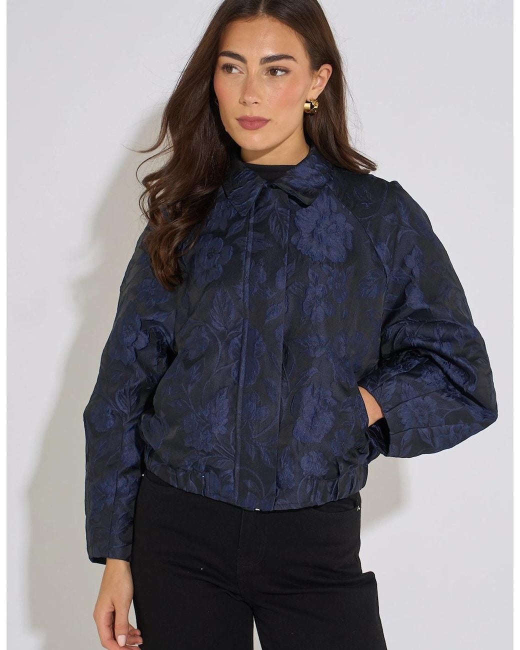 Gini London Blue Floral Jacquard Bomber Jacket
