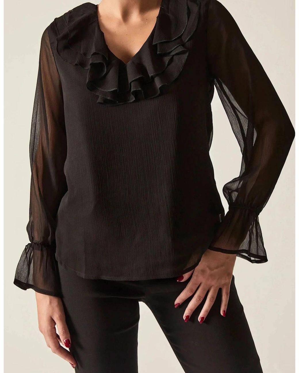 James Lakeland Black Sheer-Sleeve Ruffle Blouse