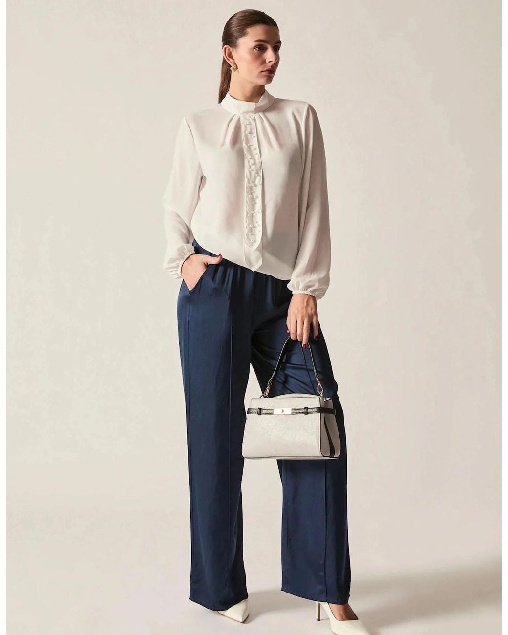 James Lakeland Blue Cream Pearl-Tie Blouse