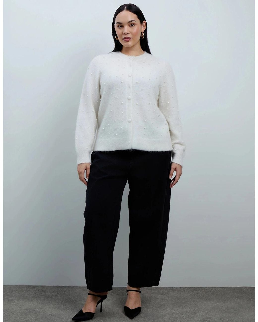 Live Unlimited London White Pearl Button Through Cardigan With Mohair