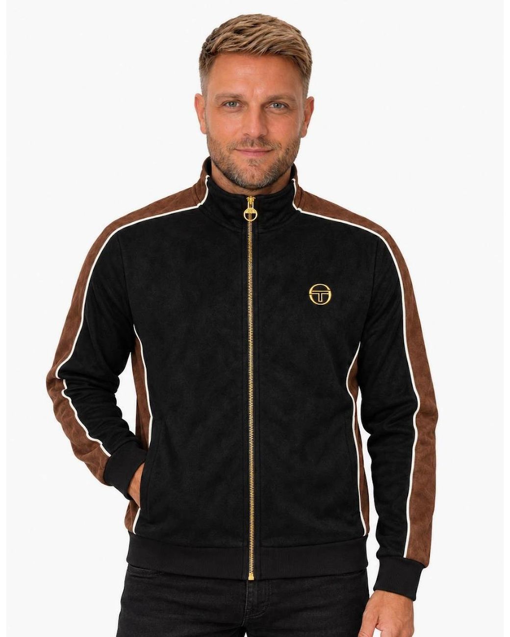 Sergio Tacchini Black Contrasto Suede Track Top Jacket/Potting Soil/Gardenia for men