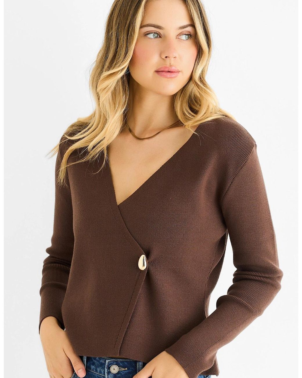 Gini London Blue Chocolate Button Wrap Compact Knit Cardigan