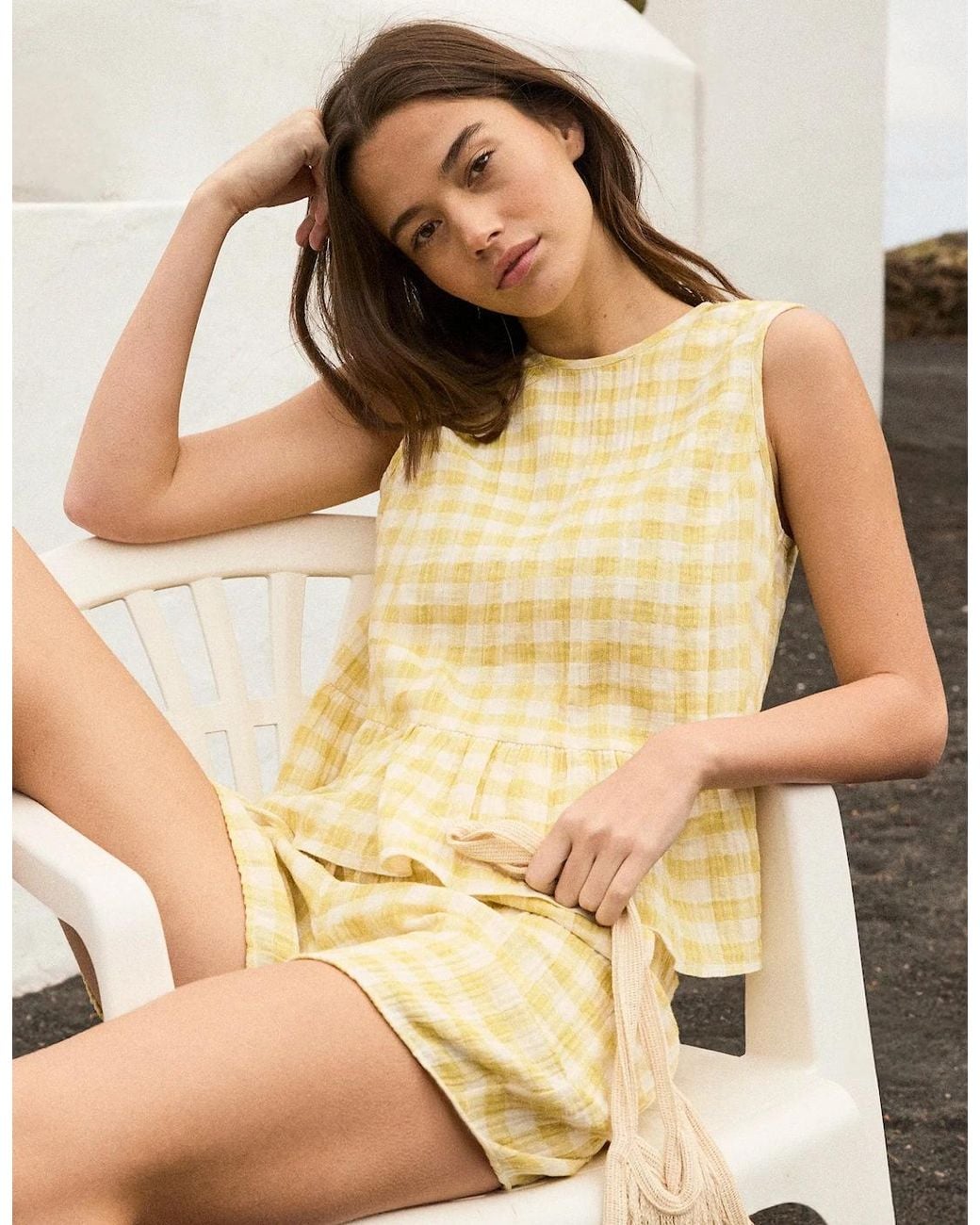 Ro&zo White Lemon- Check Cheesecloth Peplum Top