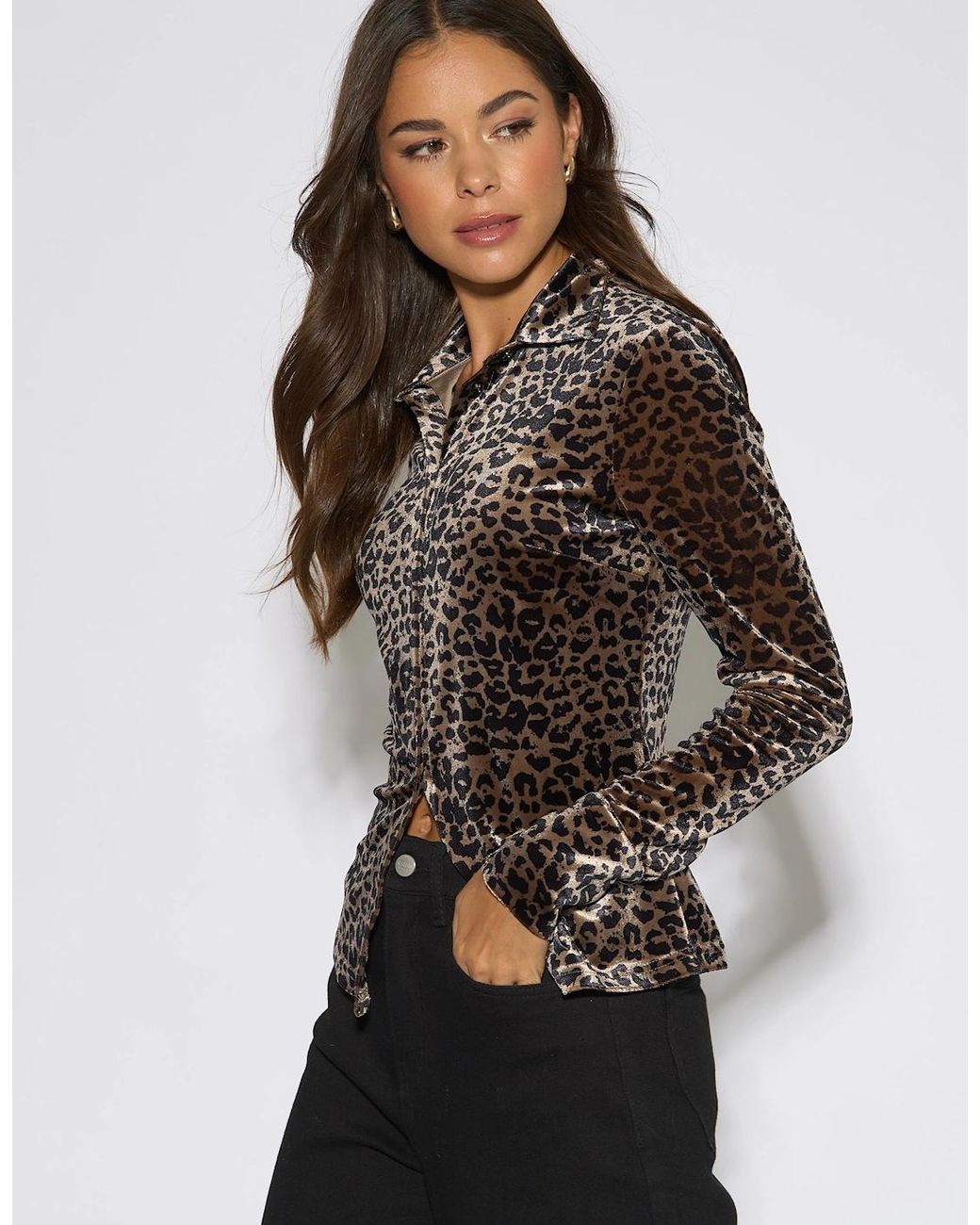 Gini London Black Neutral Animal Velour Button Front Shirt