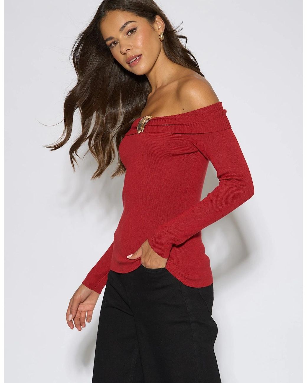 Gini London Red Bardot Button Detail Top