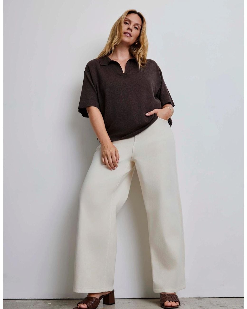 Live Unlimited London Brown Polo Neck Short Sleeve Jumper