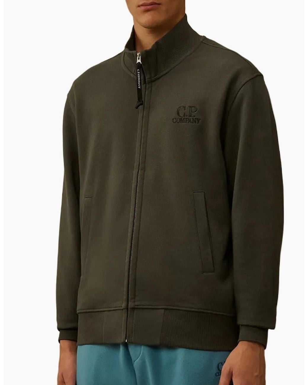 C P Company Green Diagonal Fleece Zip Logo Sweatshirt for men
