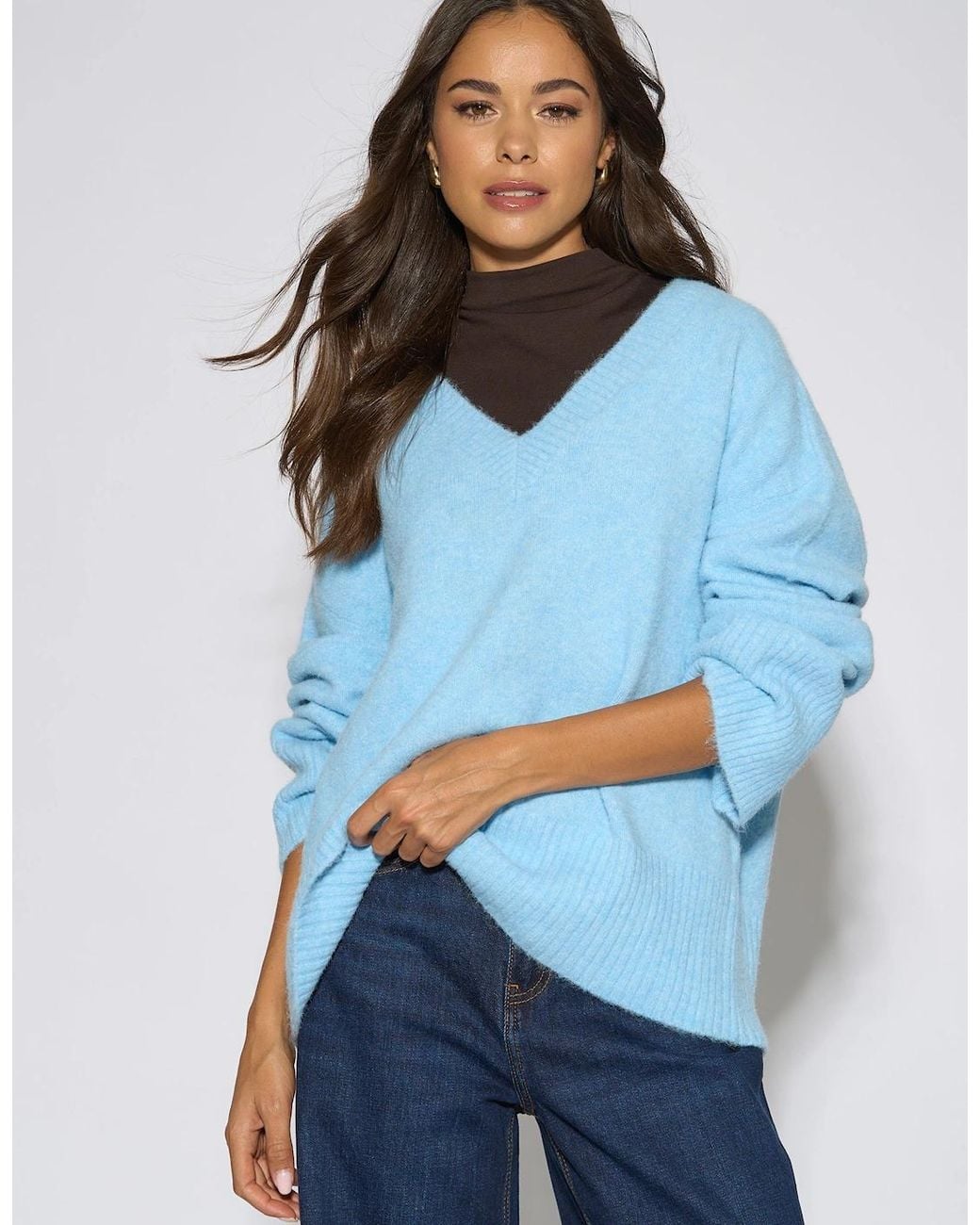 Gini London Blue Bright V Neck Recycle Mix Knit Jumper