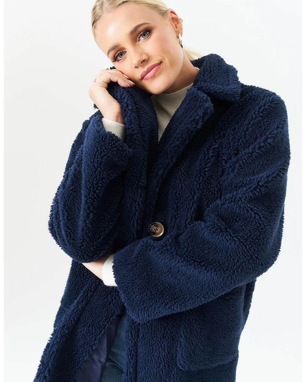 Gini London Blue Faux Fur Longline Teddy Overcoat