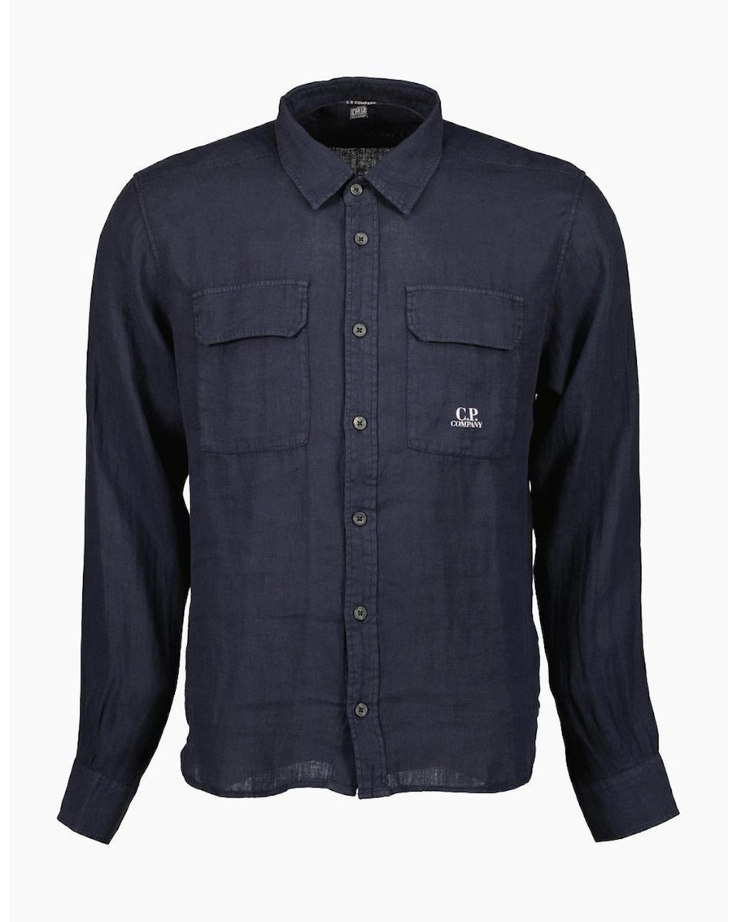 C P Company Blue Long Sleeve Linen Overshirt for men
