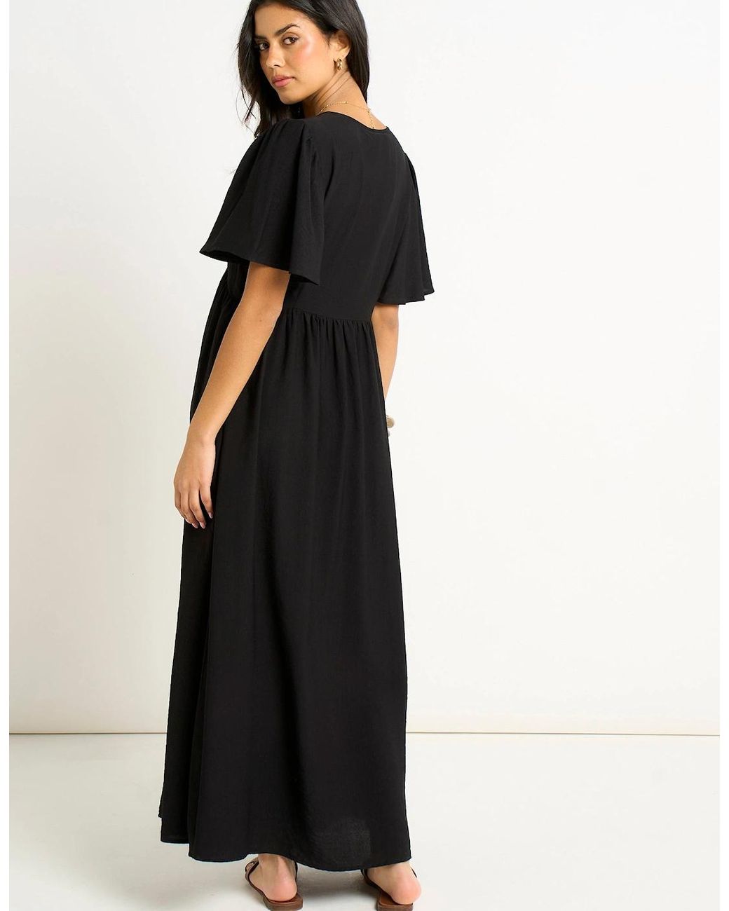 Gini London Black V Neck Angel Sleeves Skater Maxi Dress
