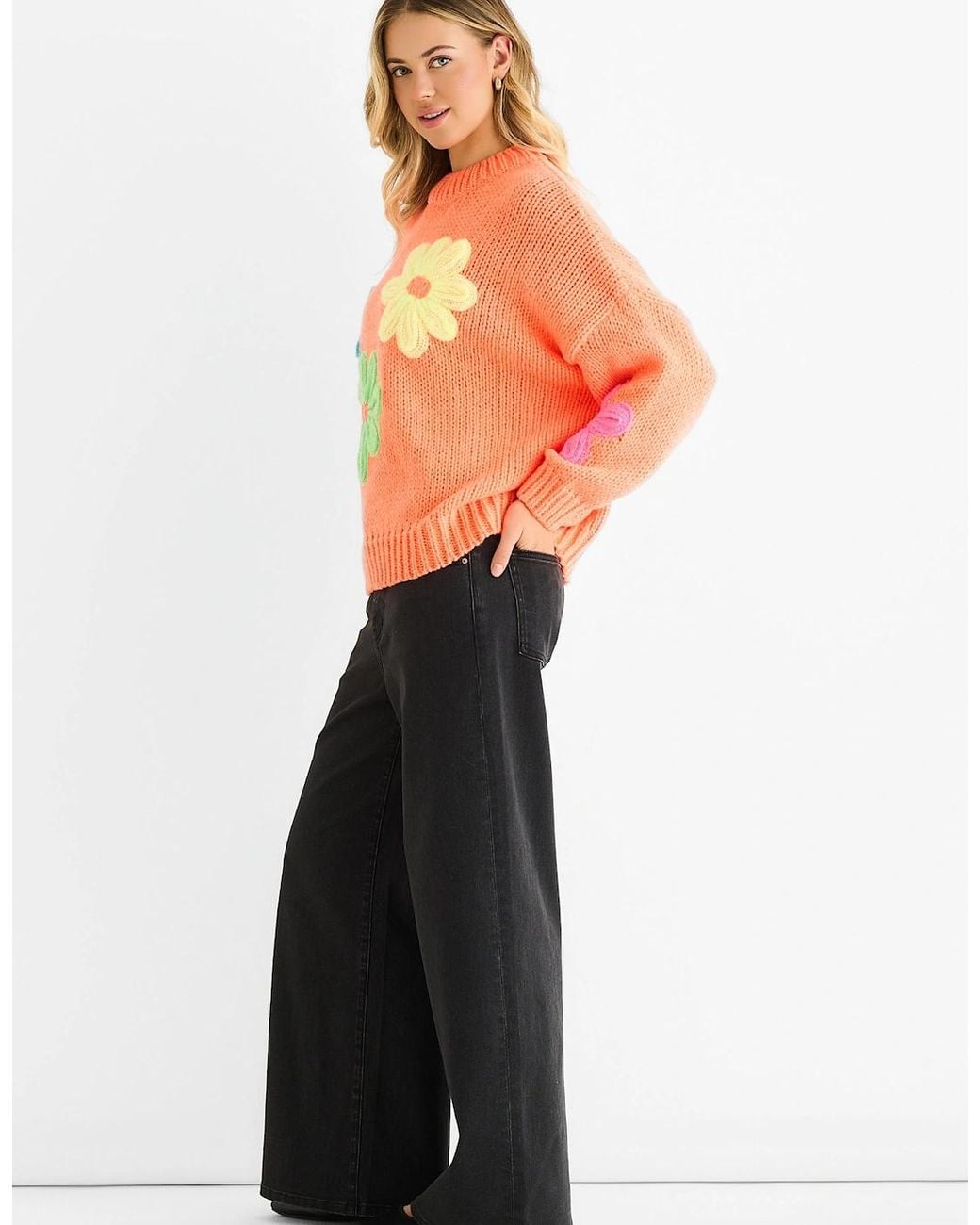 Gini London Blue Floral Crochet Chunky Knit Oversized Jumper