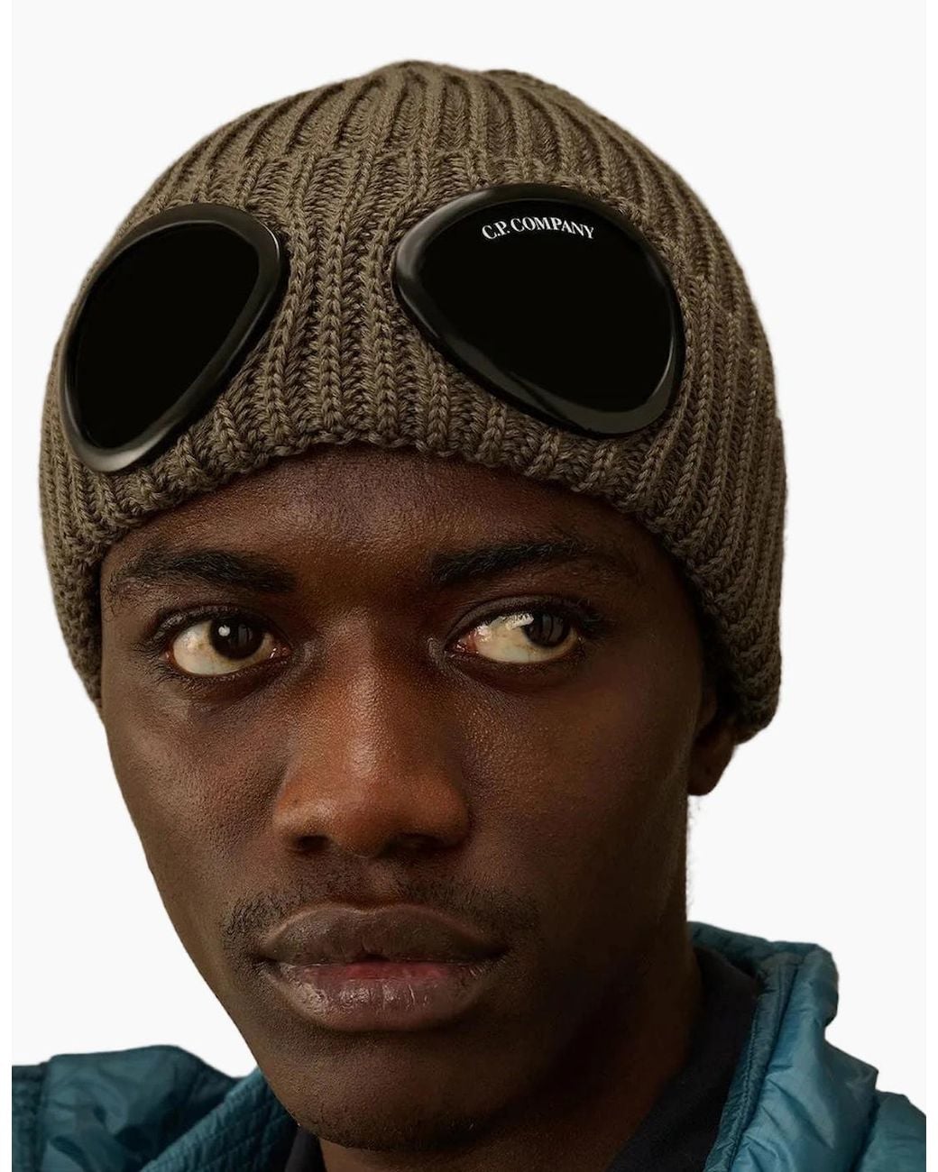 C P Company Brown Extrafine Merino Wool Goggle Beanie for men